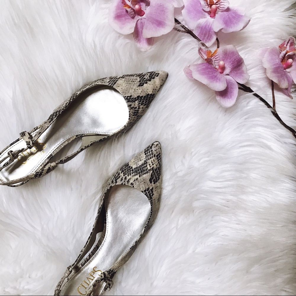 Chaps Snake Skin Pointed Toe Slingback Kitten Heel